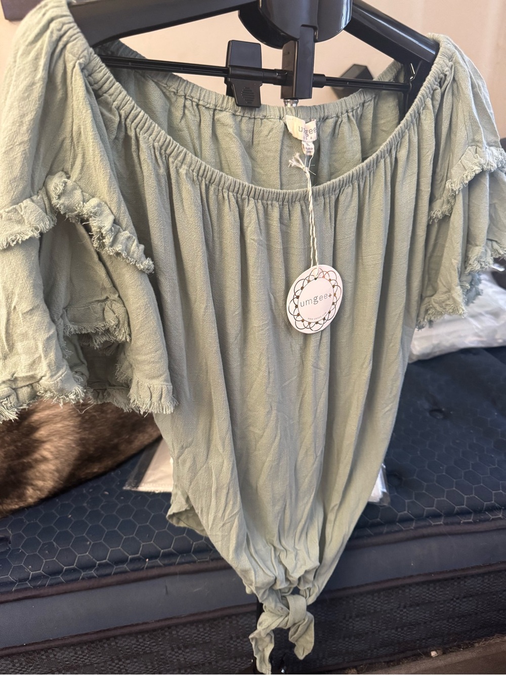 NWT Umgee Sage Green Off-Shoulder Tie-Hem Women's Blouse